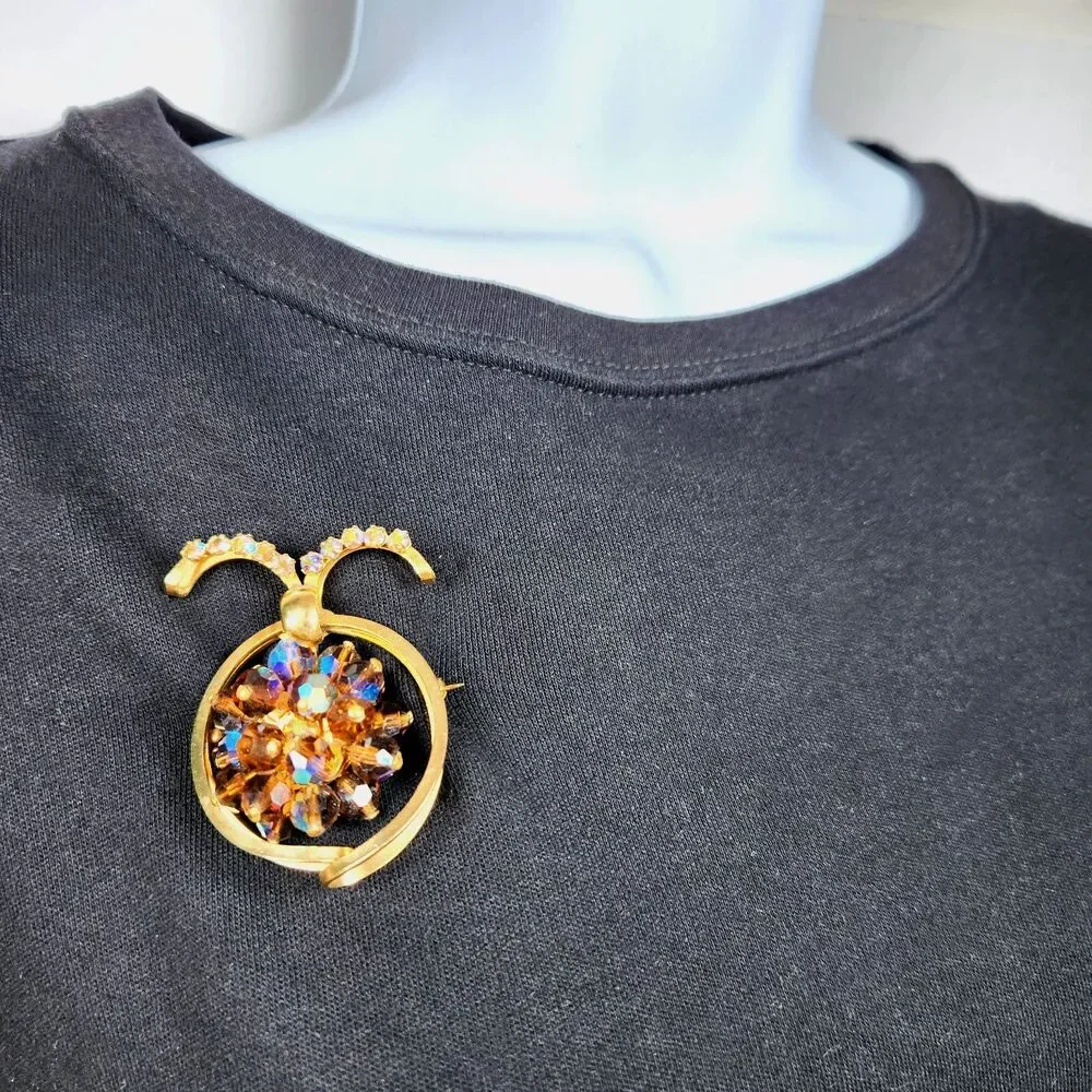 Vintage Lady Bug Brooch Pin Aurora Borealis Glass Beads Gold Tone Insect 60's